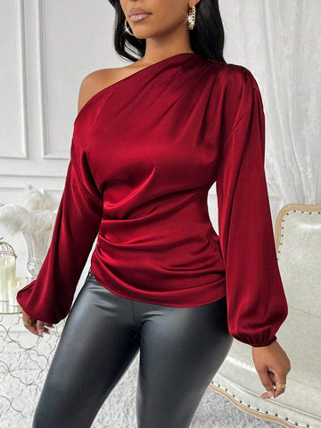 Lady Autumn And Winter Elegant Red Asymmetrical Neck Long Sleeve Women Blouses