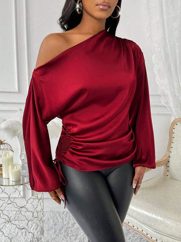 Lady Autumn And Winter Elegant Red Asymmetrical Neck Long Sleeve Women Blouses