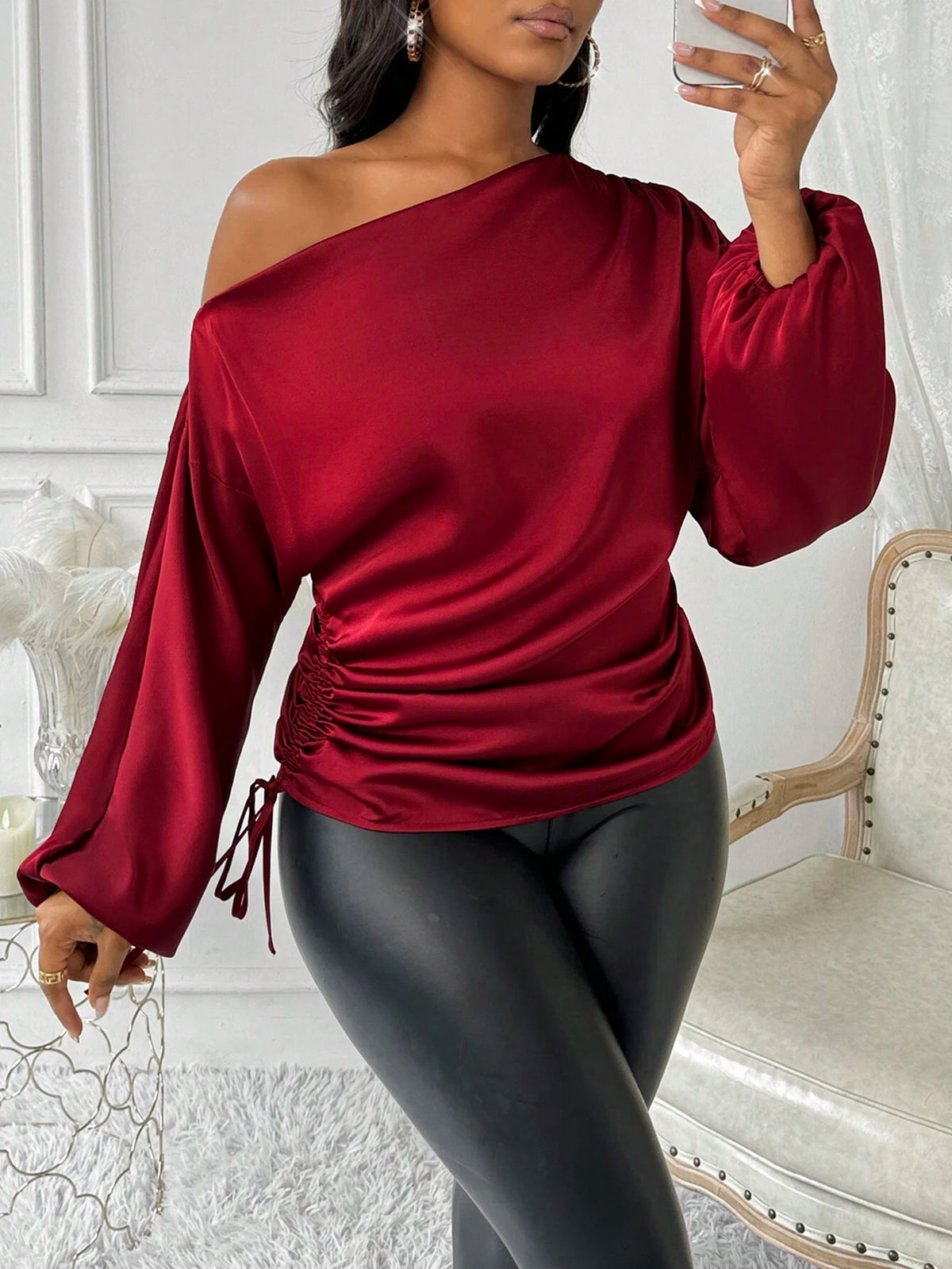 Lady Autumn And Winter Elegant Red Asymmetrical Neck Long Sleeve Women Blouses