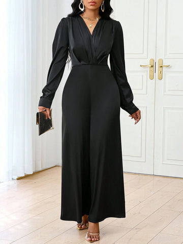 Autumn And Winter Elegant Woven Overlap Collar Ball Gown Bishop Sleeve Women Jumpsuits Outfits Outfits