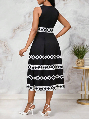 Black Geometric Printed Elegant And Stylish A-Line Summer Dress For Women With Pleated Waist