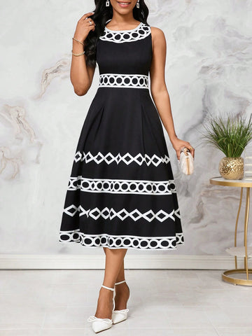 Black Geometric Printed Elegant And Stylish A-Line Summer Dress For Women With Pleated Waist