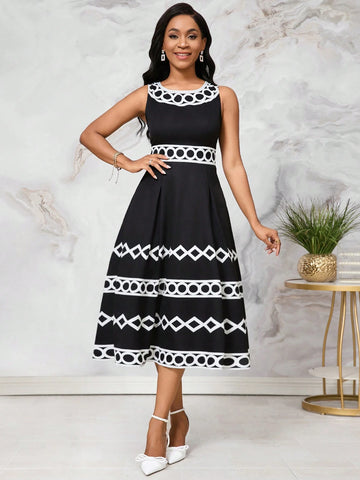 Black Geometric Printed Elegant And Stylish A-Line Summer Dress For Women With Pleated Waist