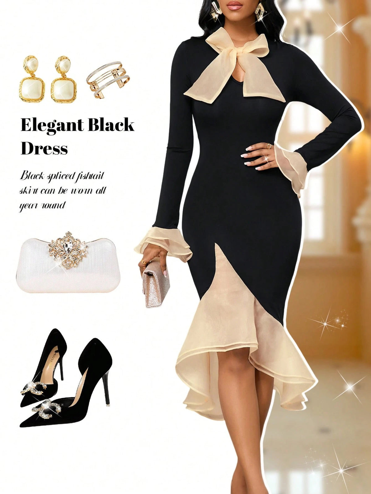 Black Slim-Fitting Dress With Contrasting Color Splicing, Ruffled Sleeves, Fishtail Skirt, Bow Tie And