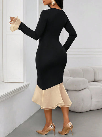 Black Slim-Fitting Dress With Contrasting Color Splicing, Ruffled Sleeves, Fishtail Skirt, Bow Tie And