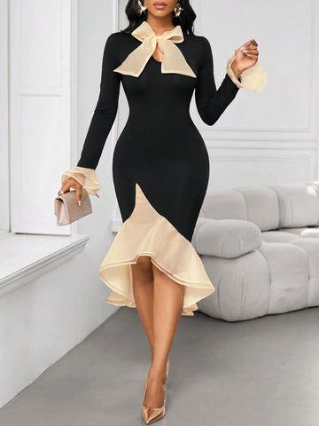 Black Slim-Fitting Dress With Contrasting Color Splicing, Ruffled Sleeves, Fishtail Skirt, Bow Tie And