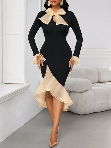 Black Slim-Fitting Dress With Contrasting Color Splicing, Ruffled Sleeves, Fishtail Skirt, Bow Tie And