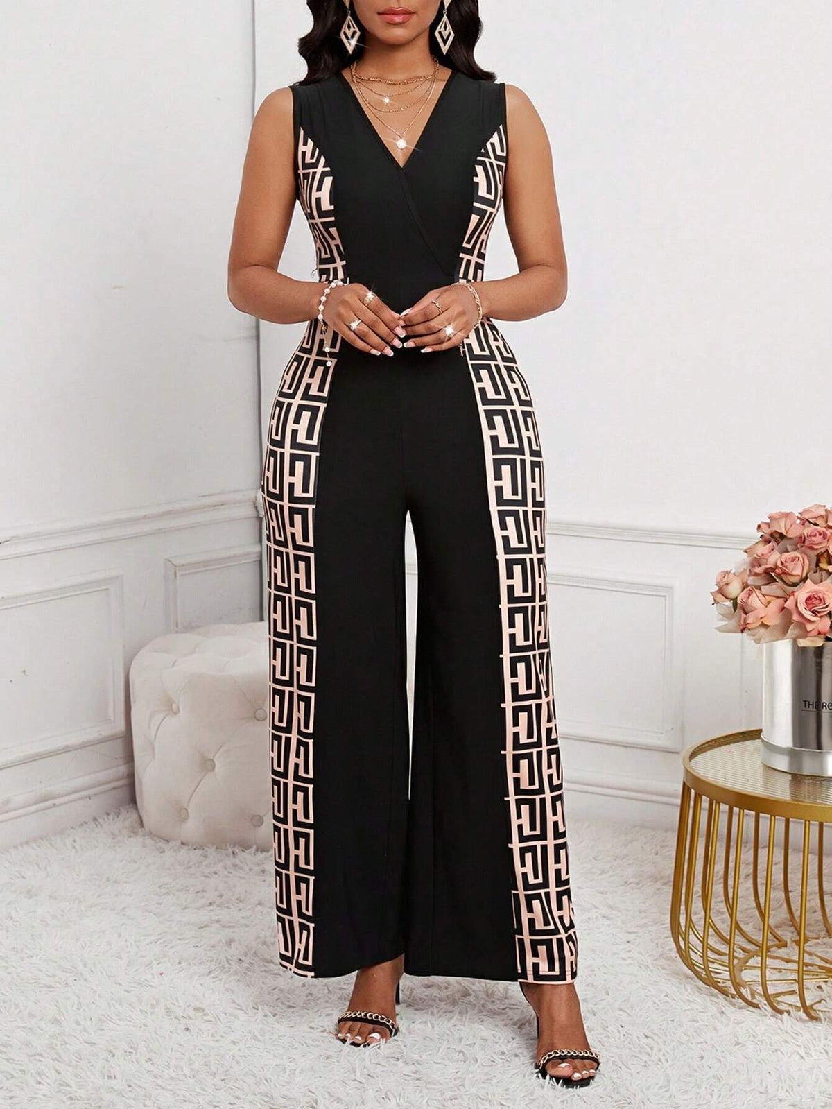 Black V-Neck Geometric Fabric Patchwork Jumpsuit, Elegant Women's Jumpsuit For Commuting Wear