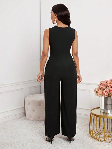 Black V-Neck Geometric Fabric Patchwork Jumpsuit, Elegant Women's Jumpsuit For Commuting Wear
