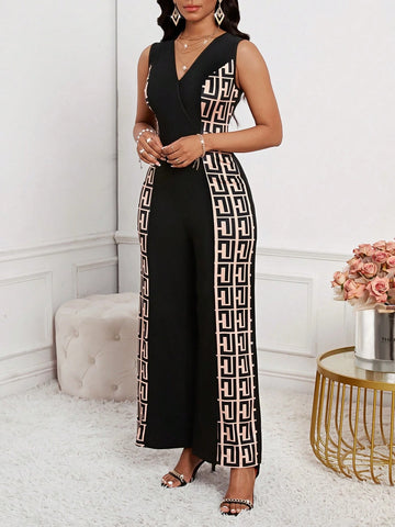 Black V-Neck Geometric Fabric Patchwork Jumpsuit, Elegant Women's Jumpsuit For Commuting Wear