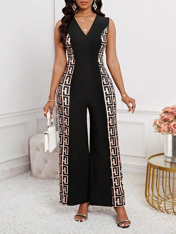 Black V-Neck Geometric Fabric Patchwork Jumpsuit, Elegant Women's Jumpsuit For Commuting Wear