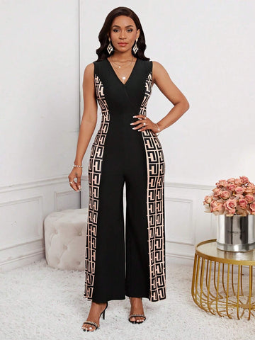 Black V-Neck Geometric Fabric Patchwork Jumpsuit, Elegant Women's Jumpsuit For Commuting Wear