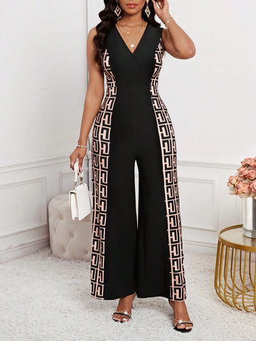 Black V-Neck Geometric Fabric Patchwork Jumpsuit, Elegant Women's Jumpsuit For Commuting Wear