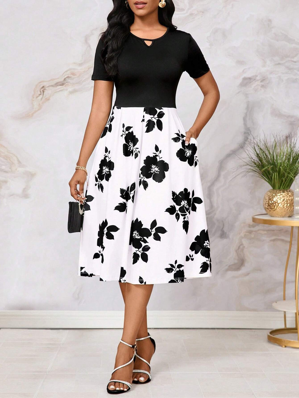 Black & White Printed Short Sleeve A-Line Dress With Gathered Waist For Women, Summer