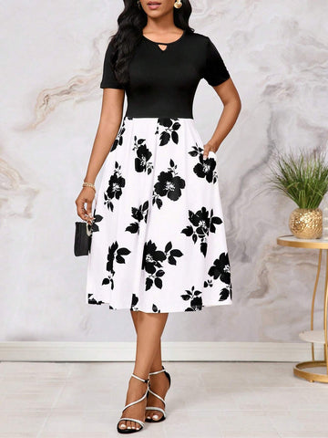 Black & White Printed Short Sleeve A-Line Dress With Gathered Waist For Women, Summer