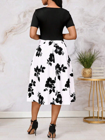 Black & White Printed Short Sleeve A-Line Dress With Gathered Waist For Women, Summer