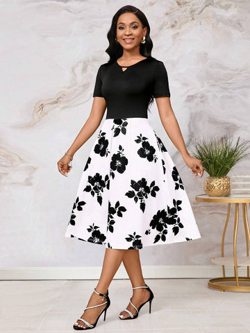 Black & White Printed Short Sleeve A-Line Dress With Gathered Waist For Women, Summer