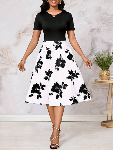 Black & White Printed Short Sleeve A-Line Dress With Gathered Waist For Women, Summer
