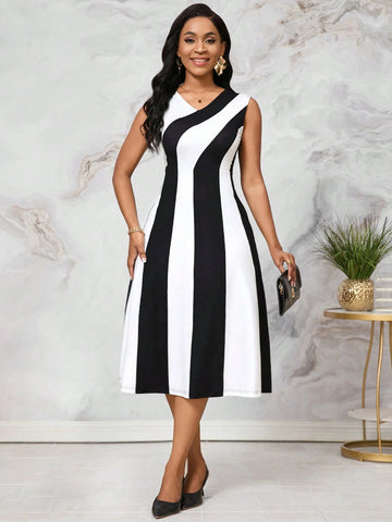 Black & White Splicing Colorblock Geometric Striped Sleeveless A-Line Knee Length Women's Dress,