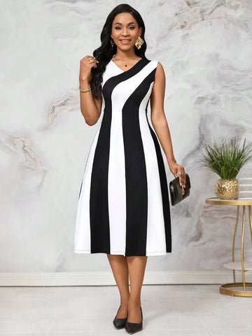 Black & White Splicing Colorblock Geometric Striped Sleeveless A-Line Knee Length Women's Dress,