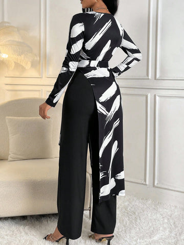 Brush Print Belted Tee & Wide Leg Pants