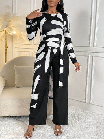 Brush Print Belted Tee & Wide Leg Pants