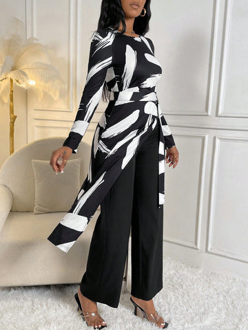 Brush Print Belted Tee & Wide Leg Pants