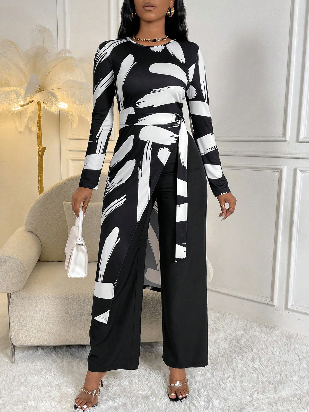 Brush Print Belted Tee & Wide Leg Pants