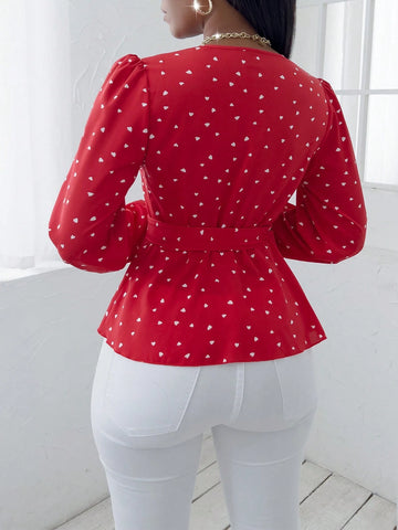 Lady Casual Random Heart Print Long Sleeve Tie Wrap Shirt, Autumn