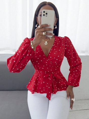 Lady Casual Random Heart Print Long Sleeve Tie Wrap Shirt, Autumn