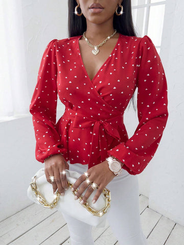 Lady Casual Random Heart Print Long Sleeve Tie Wrap Shirt, Autumn