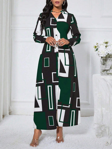 Color Block Geometric Printed Button-Front Shirt Dress
