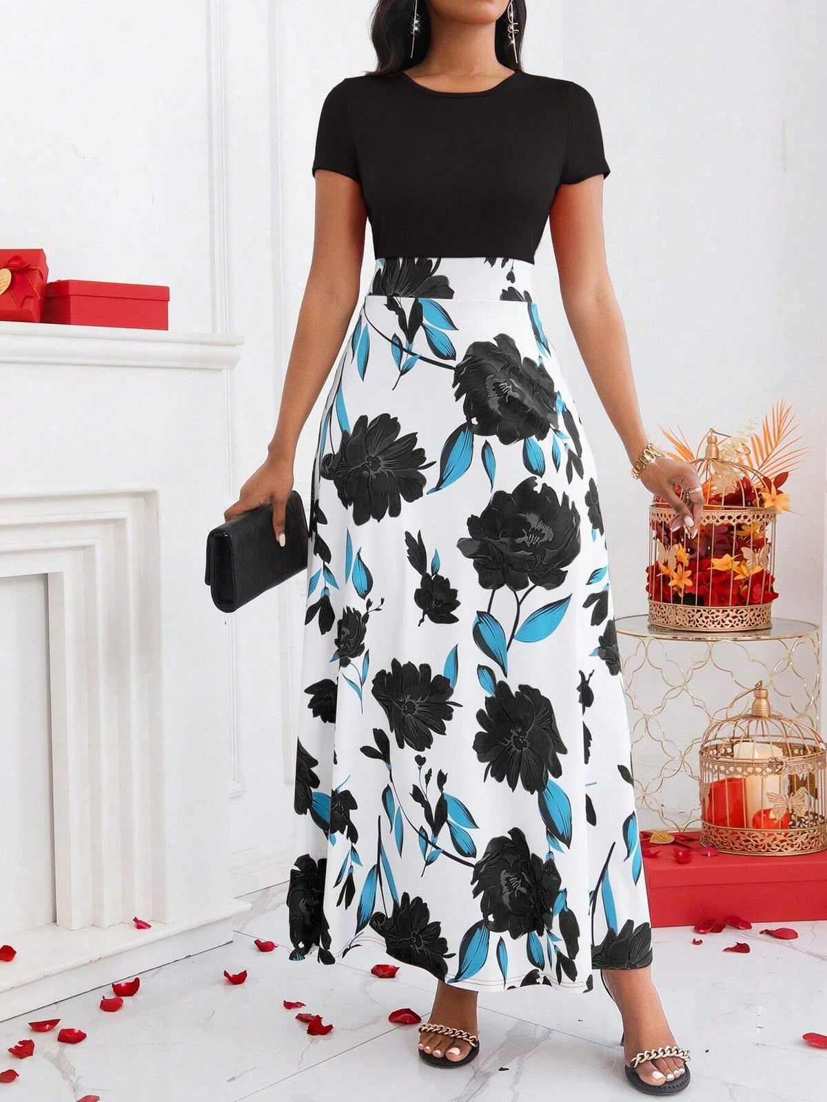 Colorblock Ruffle Edge Waist Tie Midi Dress