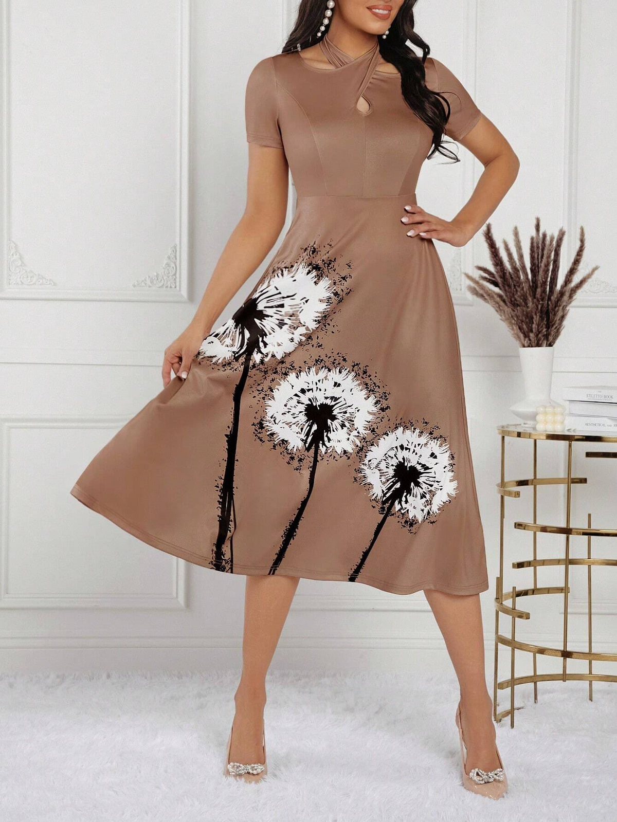 Dandelion Printed Crossed Design Hollow-Out Neck Short Sleeve A-Line Dress With Waist Cinched For