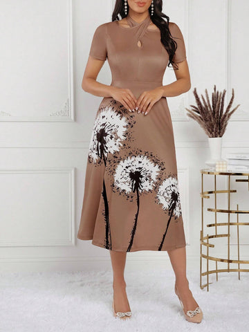 Dandelion Printed Crossed Design Hollow-Out Neck Short Sleeve A-Line Dress With Waist Cinched For