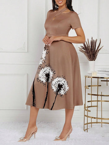 Dandelion Printed Crossed Design Hollow-Out Neck Short Sleeve A-Line Dress With Waist Cinched For