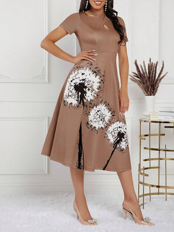 Dandelion Printed Crossed Design Hollow-Out Neck Short Sleeve A-Line Dress With Waist Cinched For