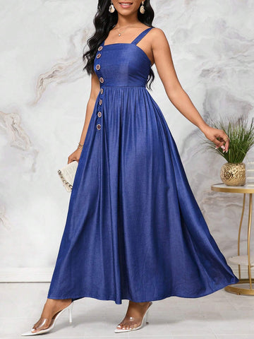 Denim Effect Button Decorated Ruched Camisole Top With Adjustable Waistline, Tall Women's