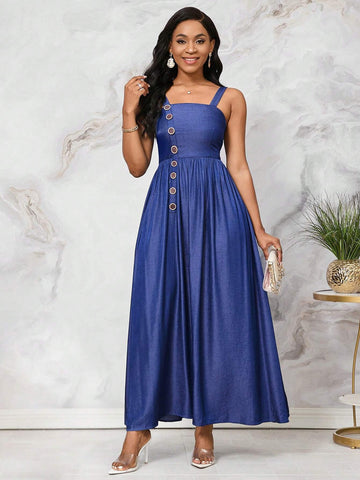 Denim Effect Button Decorated Ruched Camisole Top With Adjustable Waistline, Tall Women's