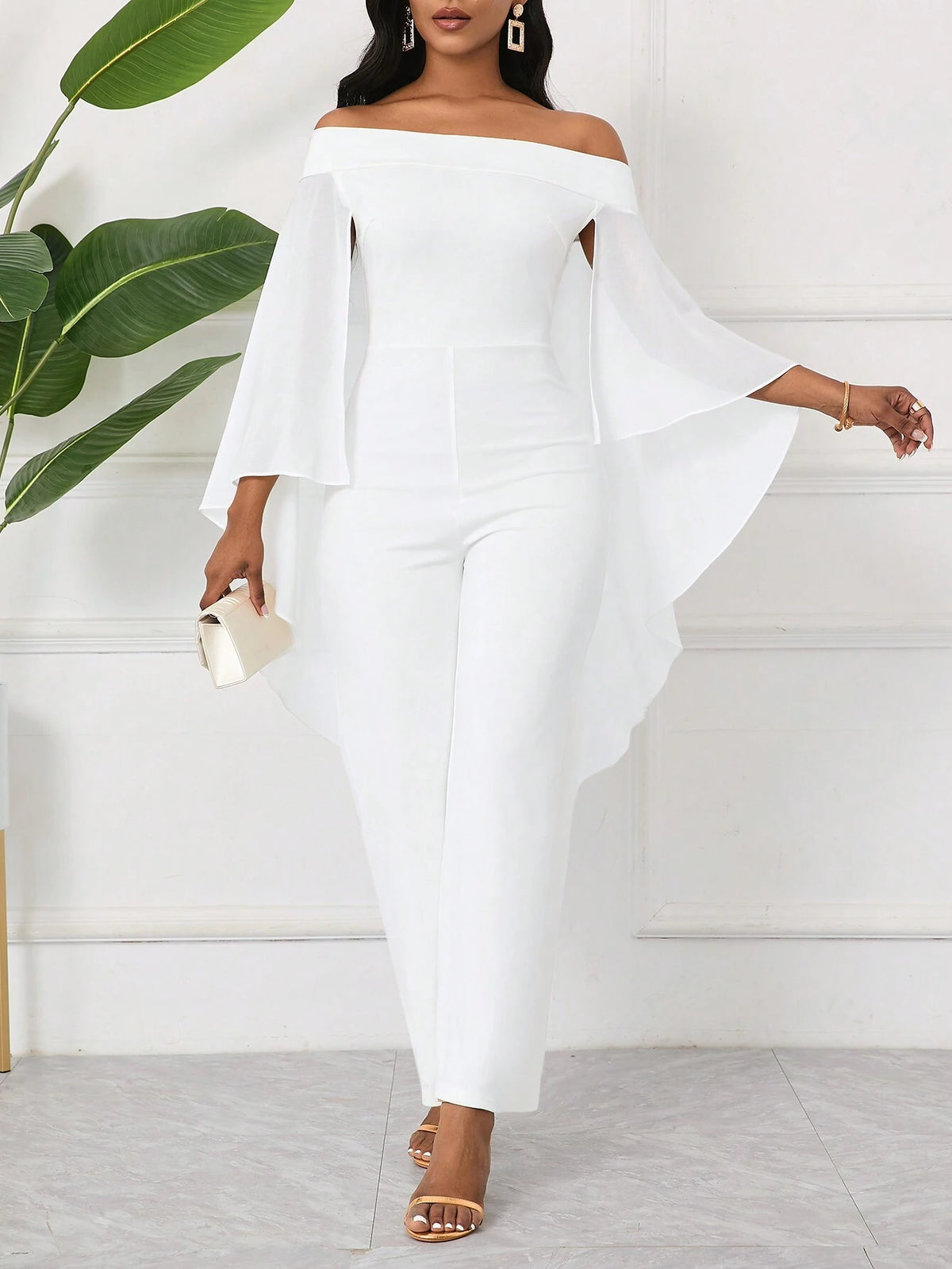 Elegant Women One Shoulder Cape Sleeve Fashionable Straight Jumpsuit
