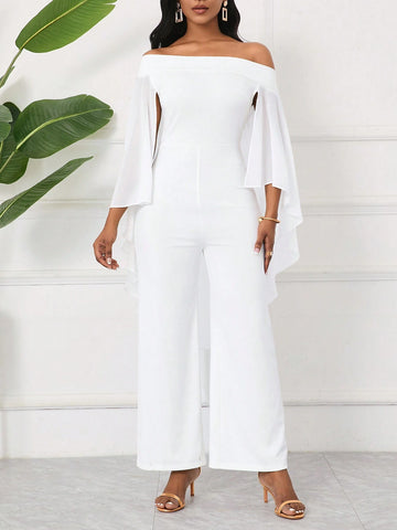 Elegant Women One Shoulder Cape Sleeve Fashionable Straight Jumpsuit
