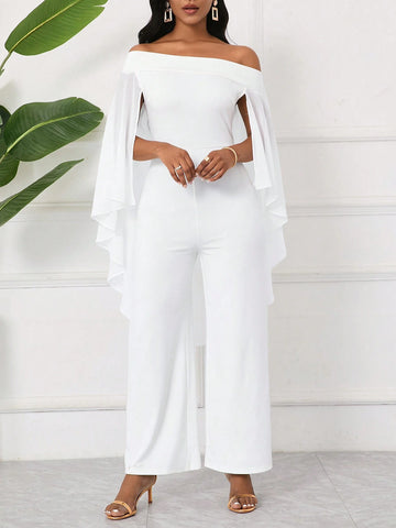 Elegant Women One Shoulder Cape Sleeve Fashionable Straight Jumpsuit