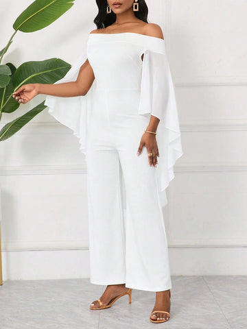 Elegant Women One Shoulder Cape Sleeve Fashionable Straight Jumpsuit