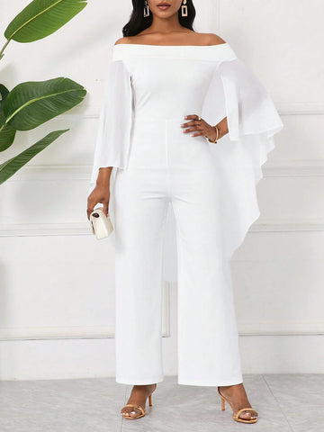 Elegant Women One Shoulder Cape Sleeve Fashionable Straight Jumpsuit