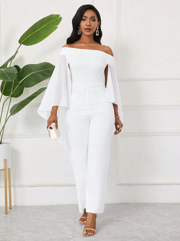 Elegant Women One Shoulder Cape Sleeve Fashionable Straight Jumpsuit