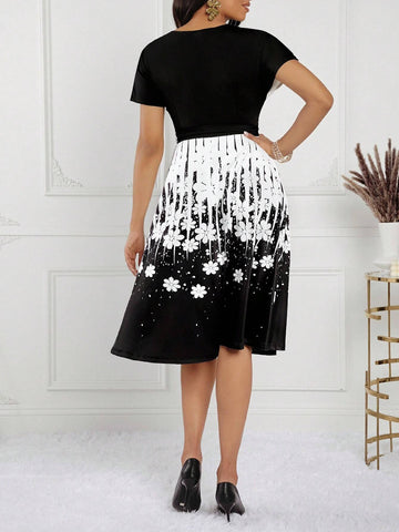 Elegant Women's Black & White Color Block Floral Pattern A-Line Dress With Waist Belt