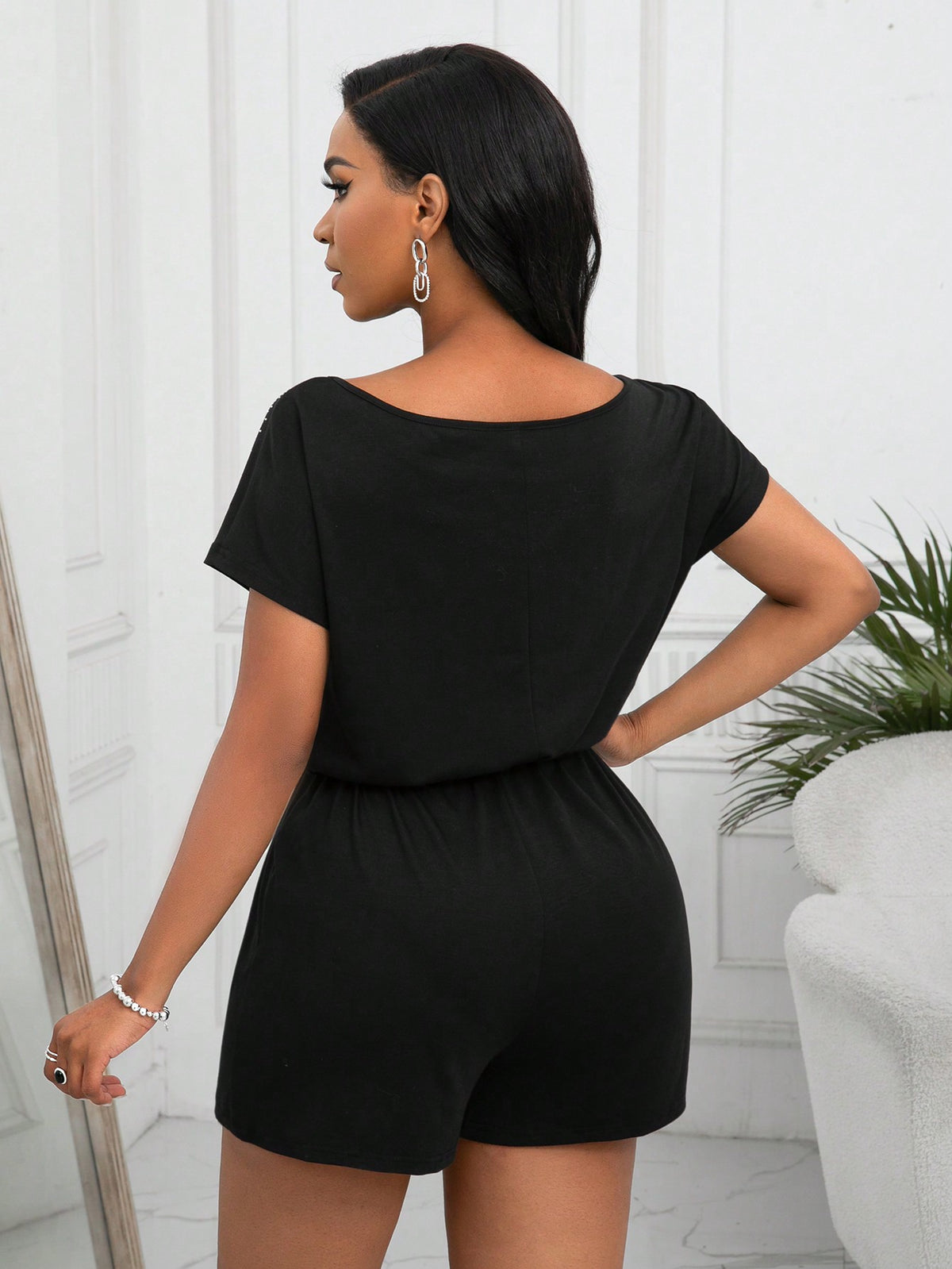 Fashionable Women's Casual Romper With Rhinestone Decor And Adjustable Waist