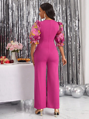 Floral Bubble Sleeve Jumpsuit With Rhinestone Detailing