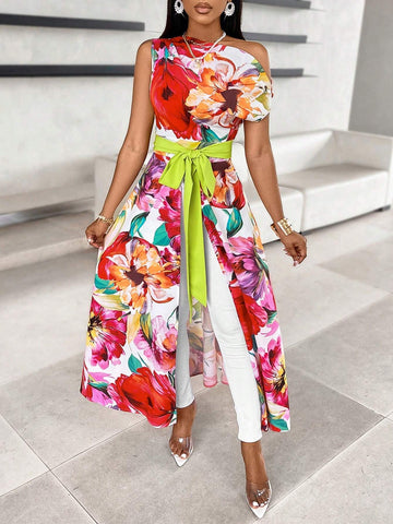 Lady Floral Print Asymmetric Neckline Blouse With Split Hem And Tie-Front (Random Floral Print)