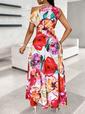 Lady Floral Print Asymmetric Neckline Blouse With Split Hem And Tie-Front (Random Floral Print)